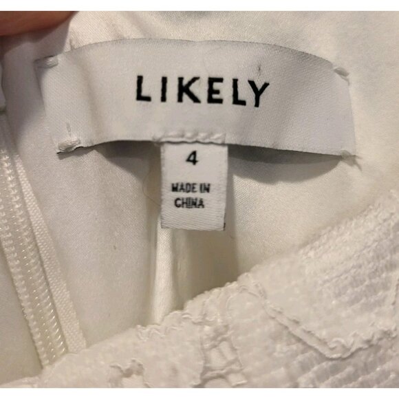 Likely Mari White Midi Dress Sz 4 Sleeveless Lace Feathers Empire Waist - Picture 8 of 9